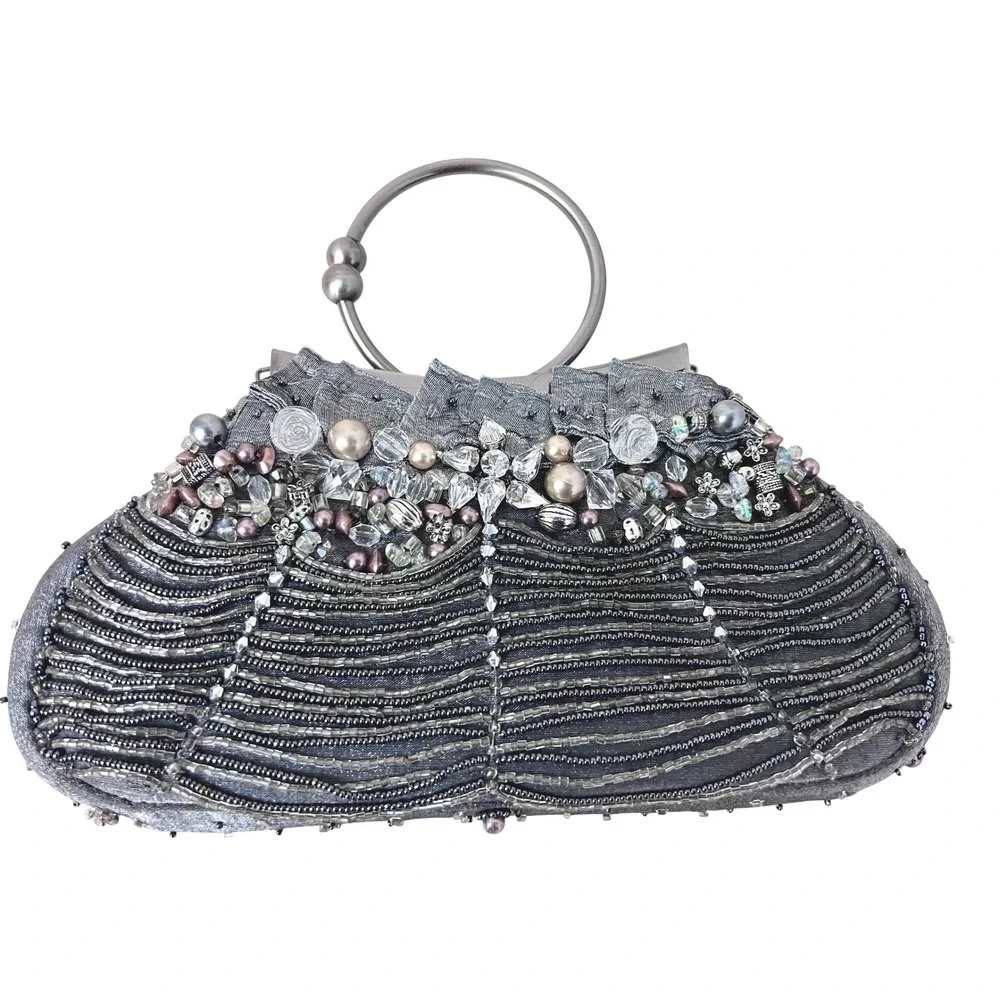 Mary Frances Beaded Evening Clutch Women OS Silver‎ Excellent Pearl Crystal Bag